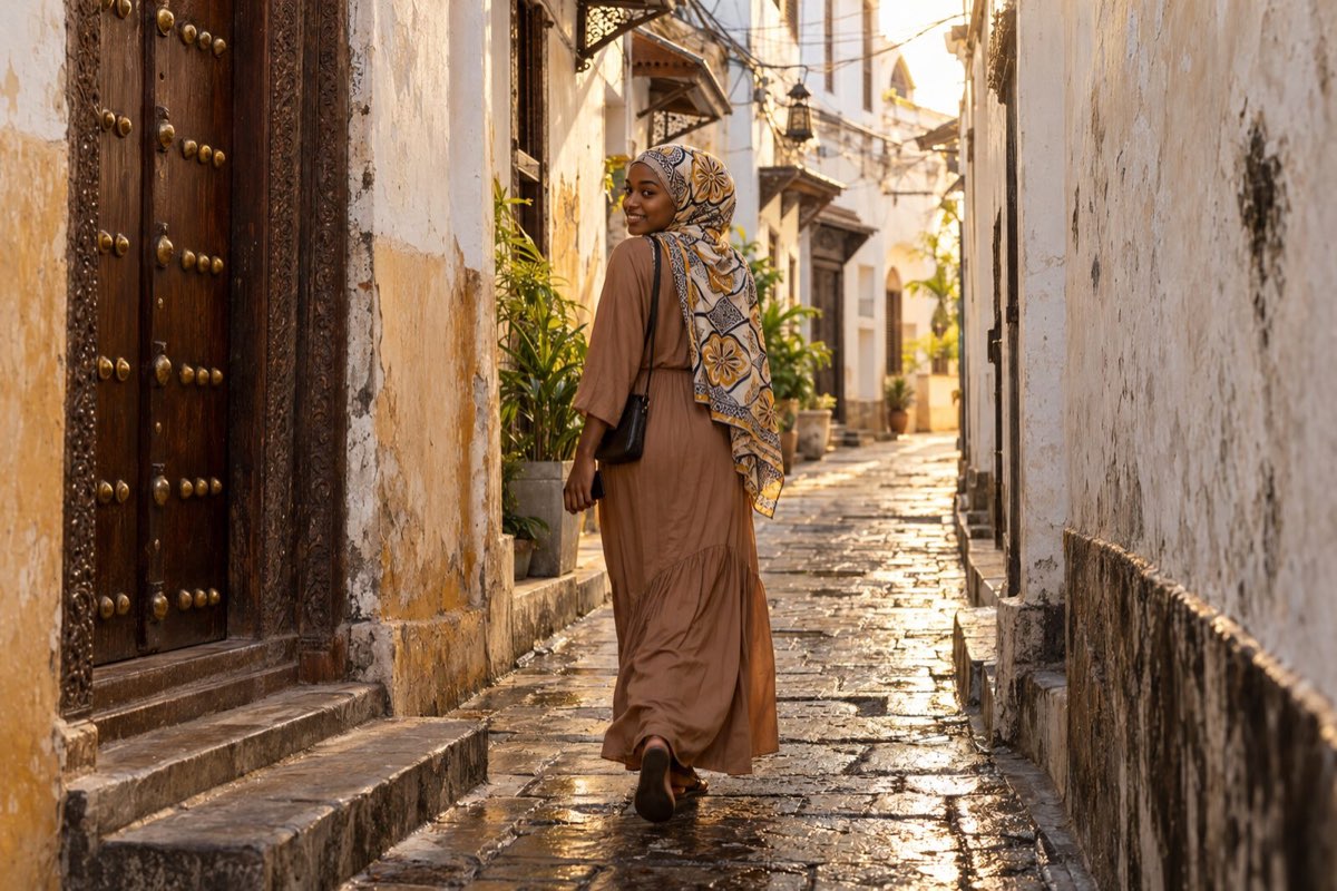 A woman walking down a narrow street in Stone Town, Zanzibar, in the evening light